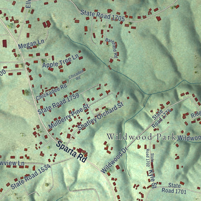 Close-up of the map of Mulberry, North Carolina print showing street and building detail