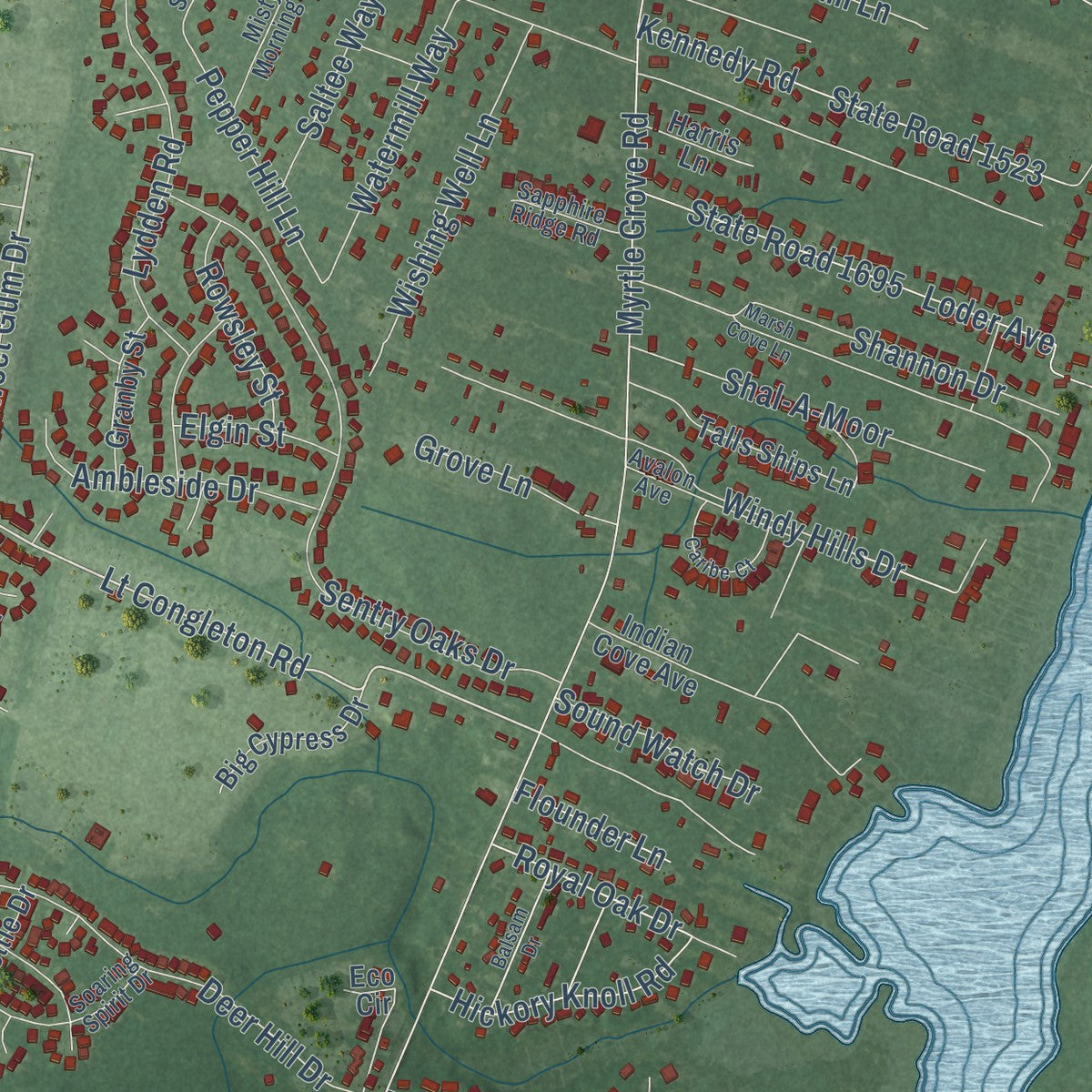 Second close-up of the map of Myrtle Grove, North Carolina print showing more streets and buildings