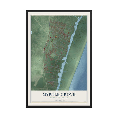 Map of Myrtle Grove, North Carolina, 12 x 18 inch print in a black wood frame