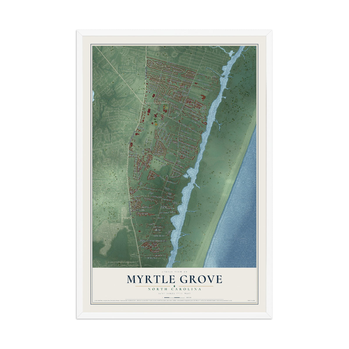Map of Myrtle Grove, North Carolina, 12 x 18 inch print in a white wood frame