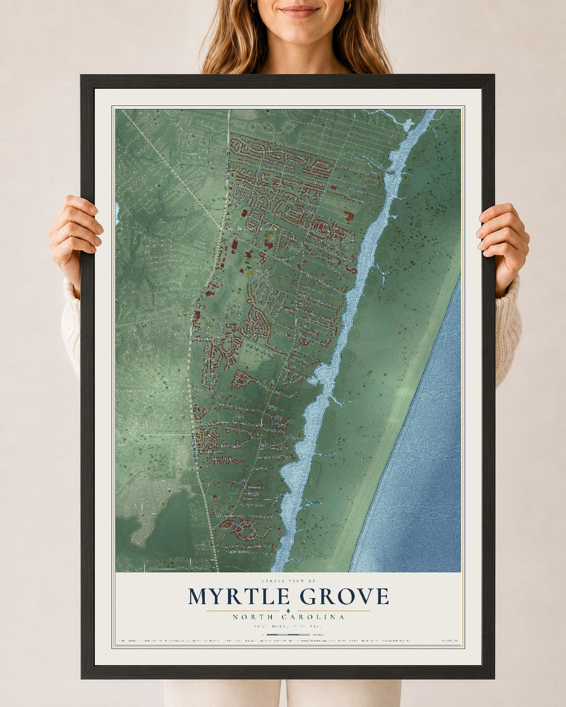 Map of Myrtle Grove, North Carolina, 24 x 36 inch print in a black wood frame