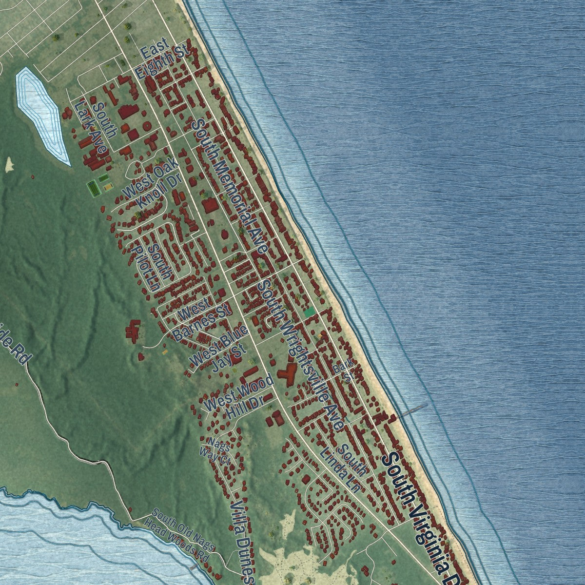 Second close-up of the map of Nags Head, North Carolina print showing more streets and buildings