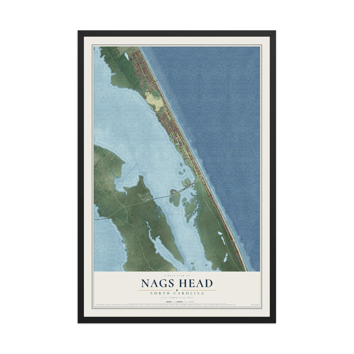 Map of Nags Head, North Carolina, 12 x 18 inch print in a black wood frame