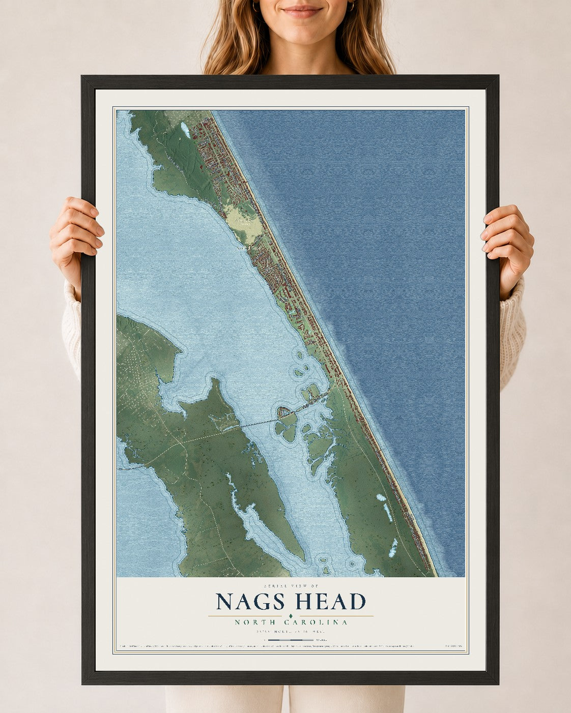 Map of Nags Head, North Carolina, 24 x 36 inch print in a black wood frame