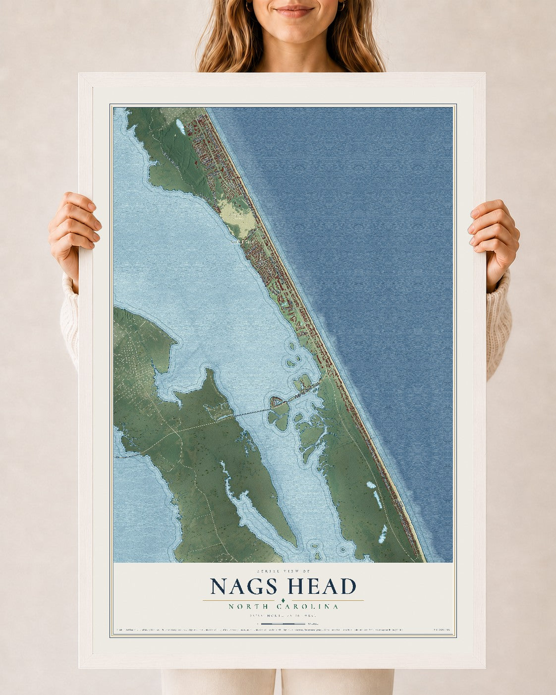 Map of Nags Head, North Carolina, 24 x 36 inch print in a white wood frame