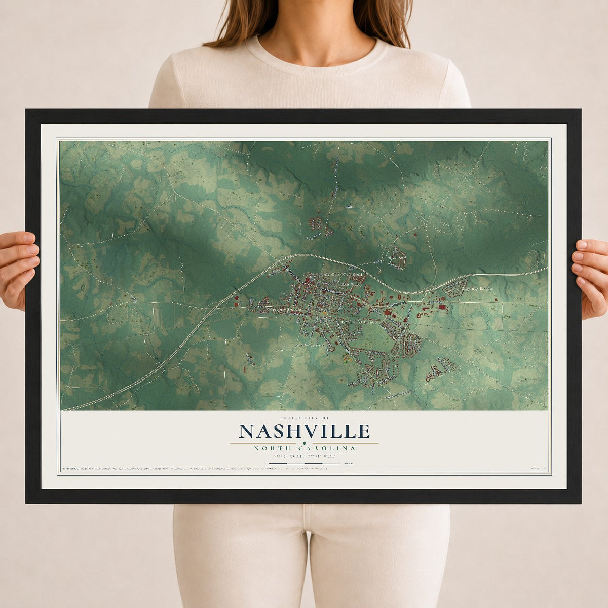 Map of Nashville, North Carolina, 18 x 24 inch print in a black wood frame