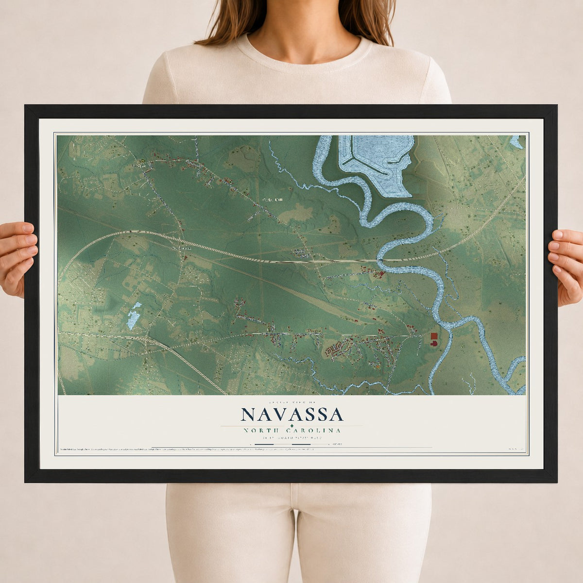 Map of Navassa, North Carolina, 18 x 24 inch print in a black wood frame