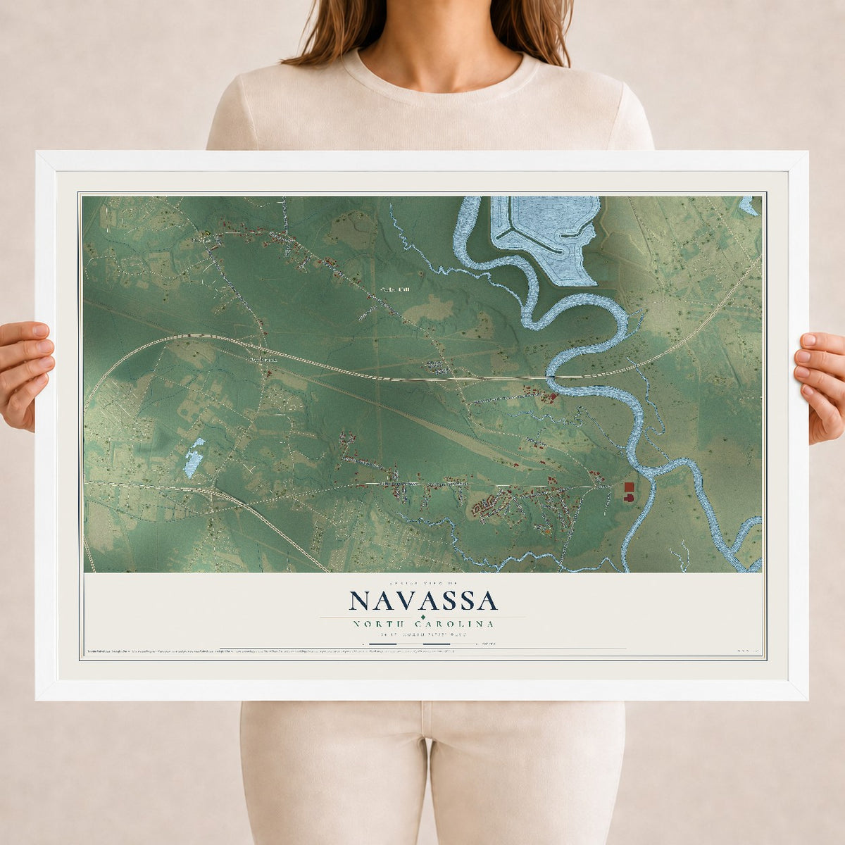 Map of Navassa, North Carolina, 18 x 24 inch print in a white wood frame