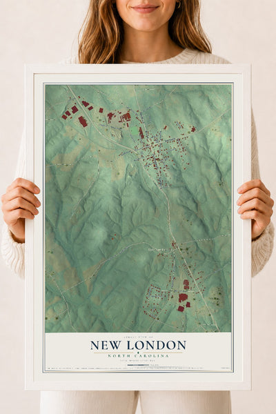 Map of New London, North Carolina, 18 x 24 inch print in a white wood frame