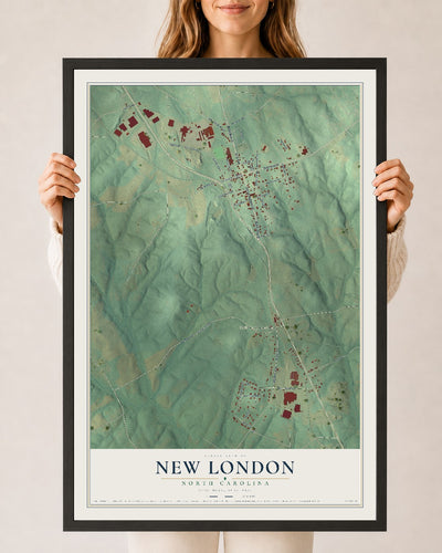 Map of New London, North Carolina, 24 x 36 inch print in a black wood frame