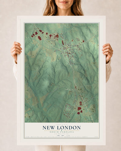 Map of New London, North Carolina, 24 x 36 inch print in a white wood frame