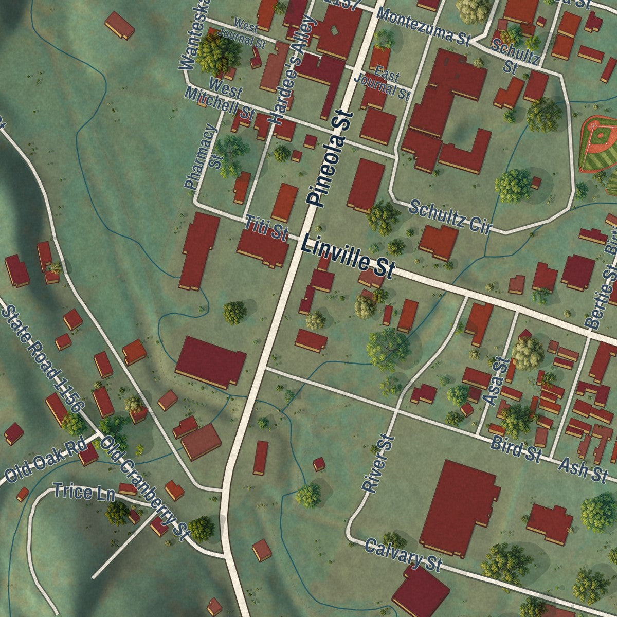 Close-up of the map of Newland, North Carolina print showing street and building detail