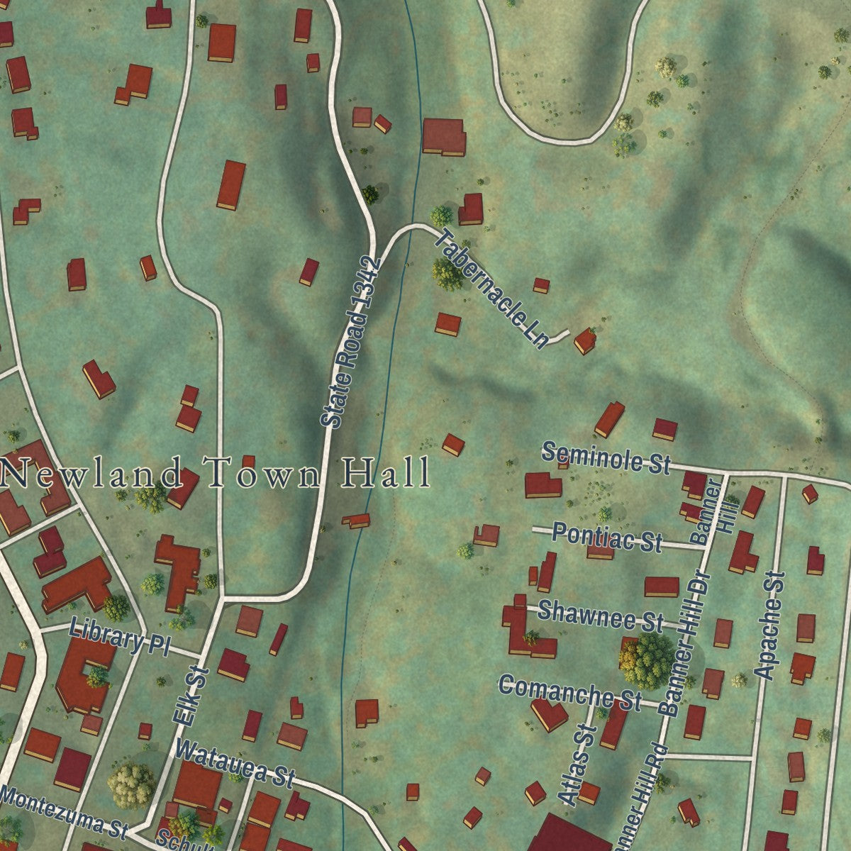 Second close-up of the map of Newland, North Carolina print showing more streets and buildings