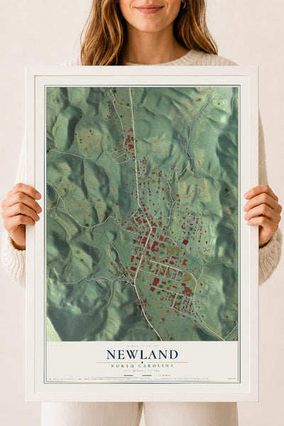 Map of Newland, North Carolina, 18 x 24 inch print in a white wood frame