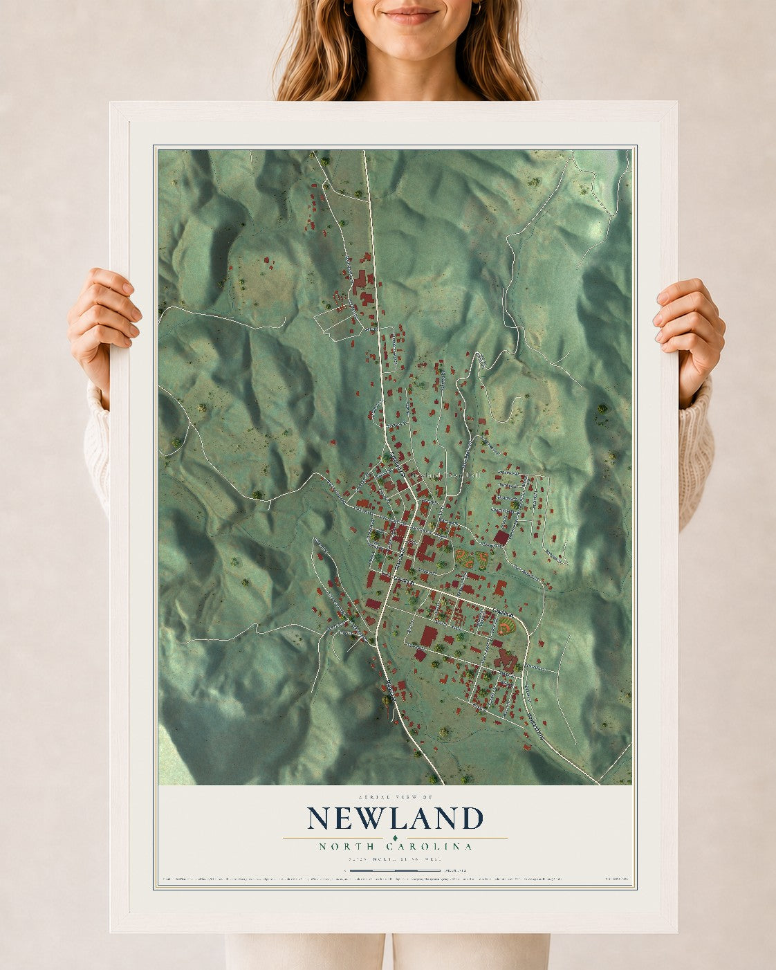Map of Newland, North Carolina, 24 x 36 inch print in a white wood frame
