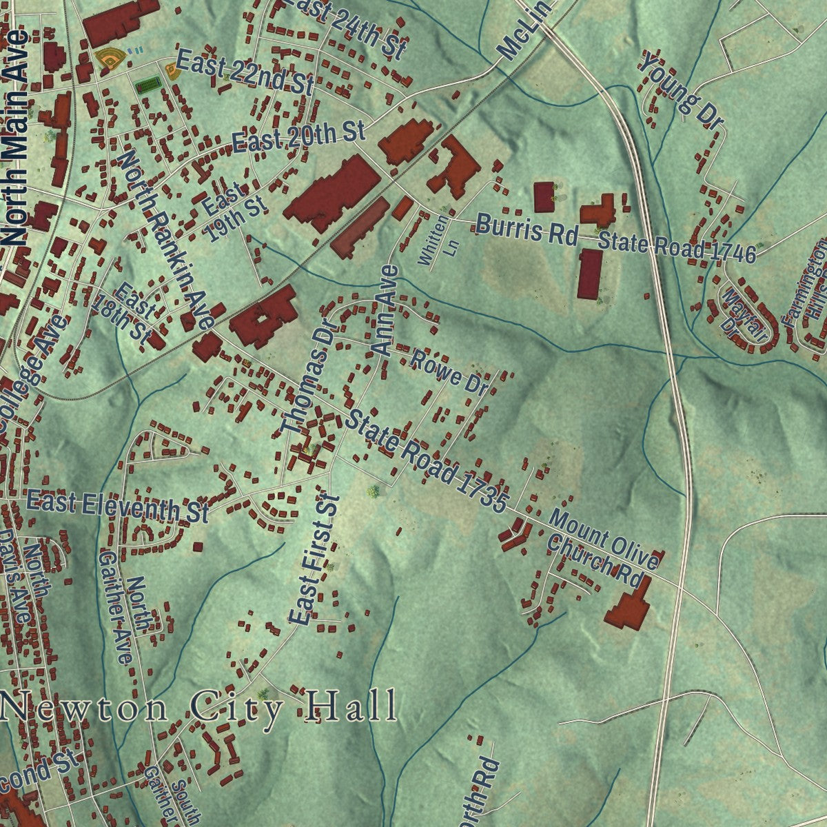 Close-up of the map of Newton, North Carolina print showing street and building detail