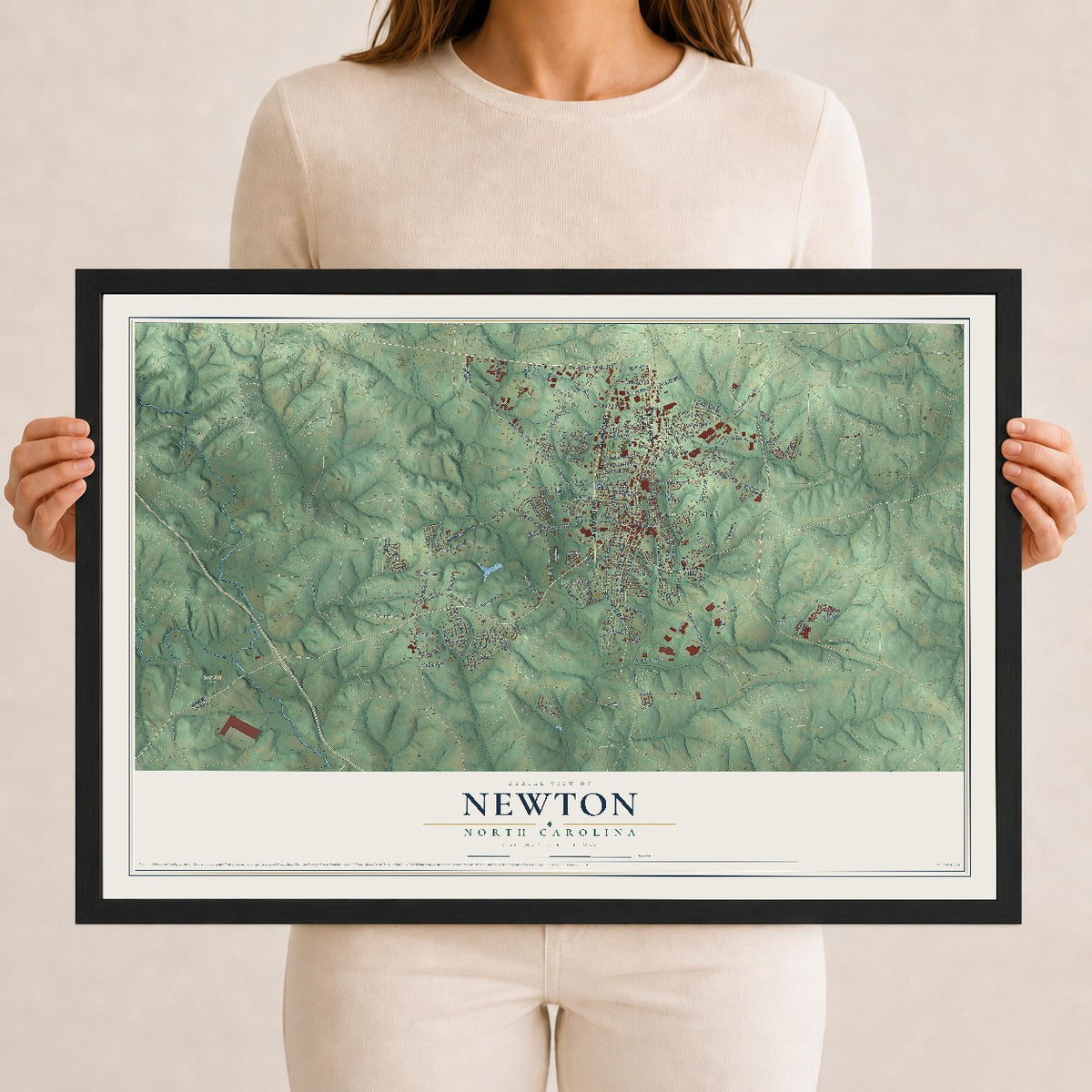 Map of Newton, North Carolina, 12 x 18 inch print in a black wood frame