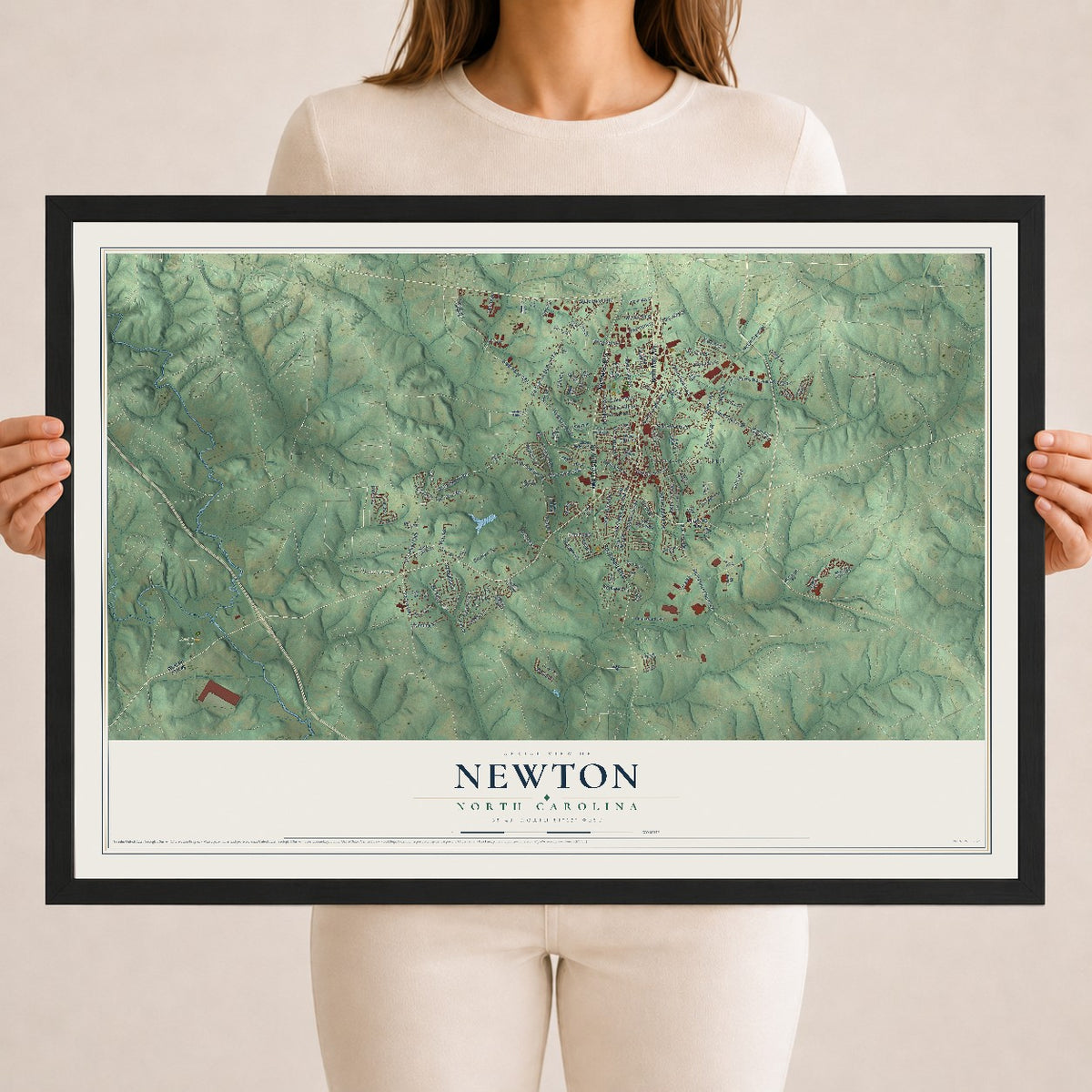 Map of Newton, North Carolina, 18 x 24 inch print in a black wood frame