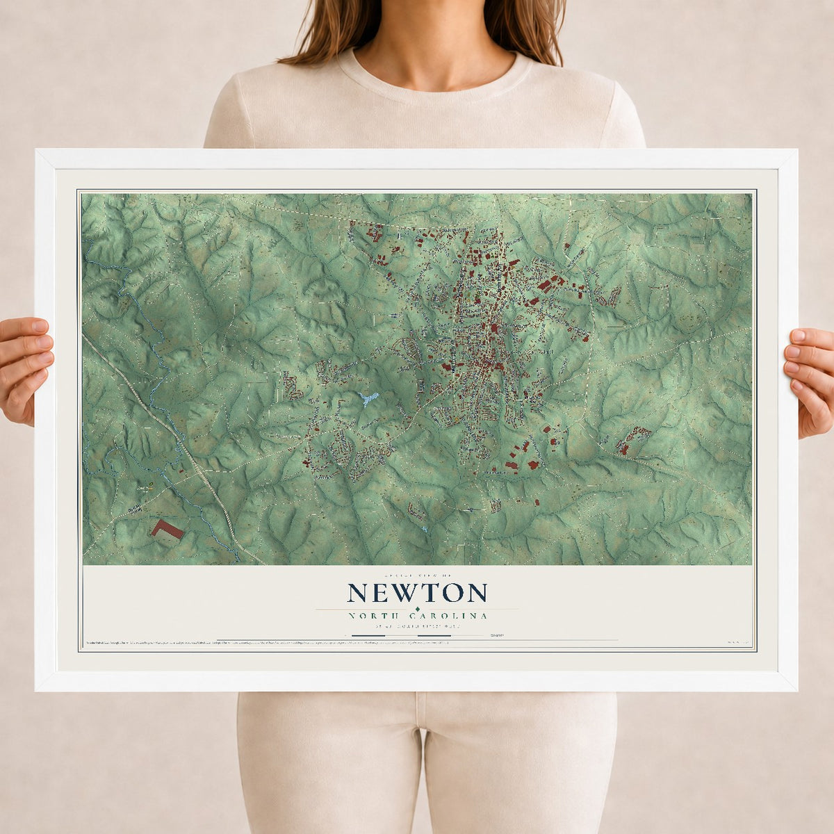 Map of Newton, North Carolina, 18 x 24 inch print in a white wood frame