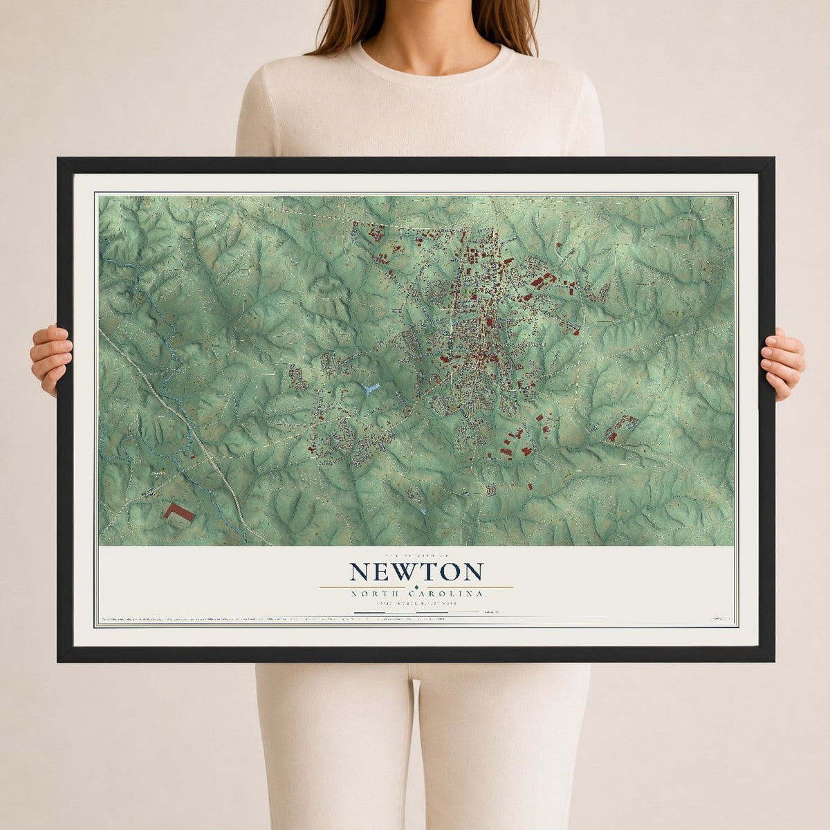 Map of Newton, North Carolina, 24 x 36 inch print in a black wood frame