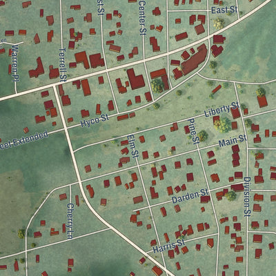 Close-up of the map of Norlina, North Carolina print showing street and building detail