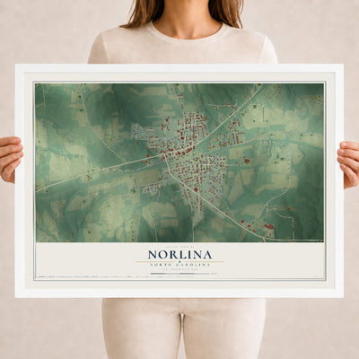 Map of Norlina, North Carolina, 18 x 24 inch print in a white wood frame