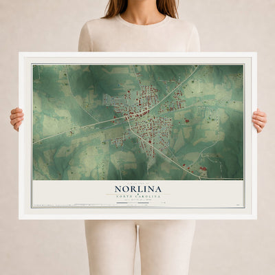Map of Norlina, North Carolina, 24 x 36 inch print in a white wood frame