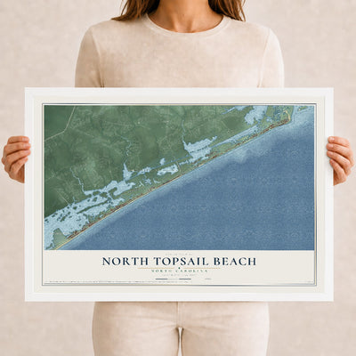 Map of North Topsail Beach, North Carolina, 12 x 18 inch print in a white wood frame