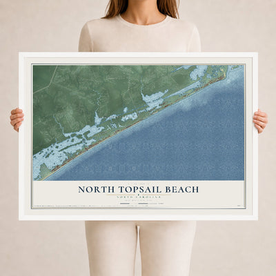 Map of North Topsail Beach, North Carolina, 24 x 36 inch print in a white wood frame