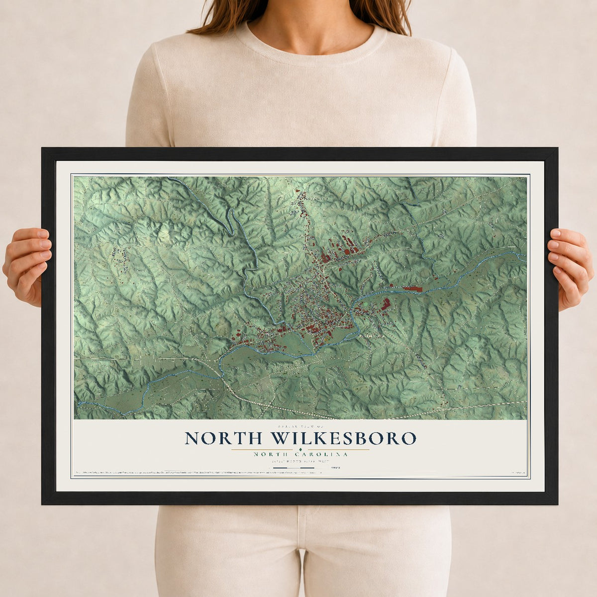 Map of North Wilkesboro, North Carolina, 12 x 18 inch print in a black wood frame