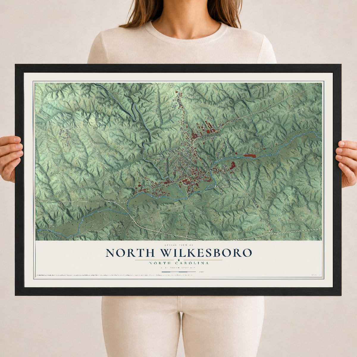 Map of North Wilkesboro, North Carolina, 18 x 24 inch print in a black wood frame