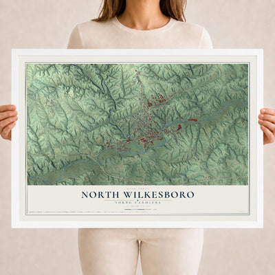 Map of North Wilkesboro, North Carolina, 18 x 24 inch print in a white wood frame