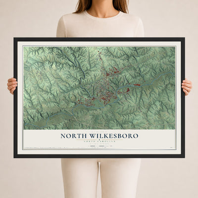Map of North Wilkesboro, North Carolina, 24 x 36 inch print in a black wood frame