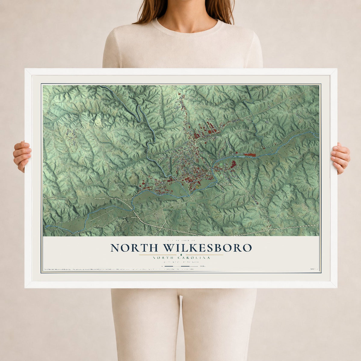 Map of North Wilkesboro, North Carolina, 24 x 36 inch print in a white wood frame