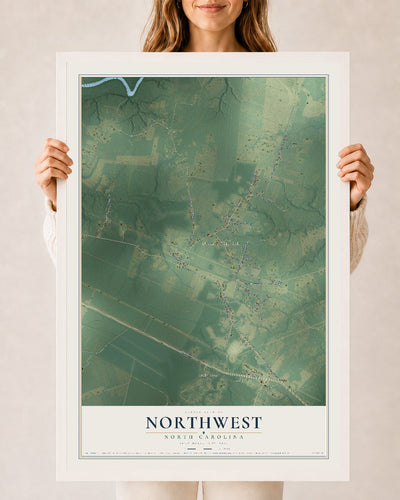 Map of Northwest, North Carolina, 24 x 36 inch print in a white wood frame