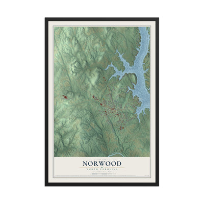 Map of Norwood, North Carolina, 12 x 18 inch print in a black wood frame