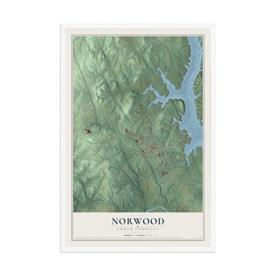 Map of Norwood, North Carolina, 12 x 18 inch print in a white wood frame