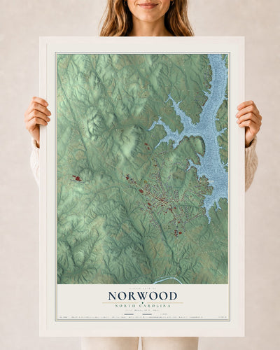 Map of Norwood, North Carolina, 24 x 36 inch print in a white wood frame