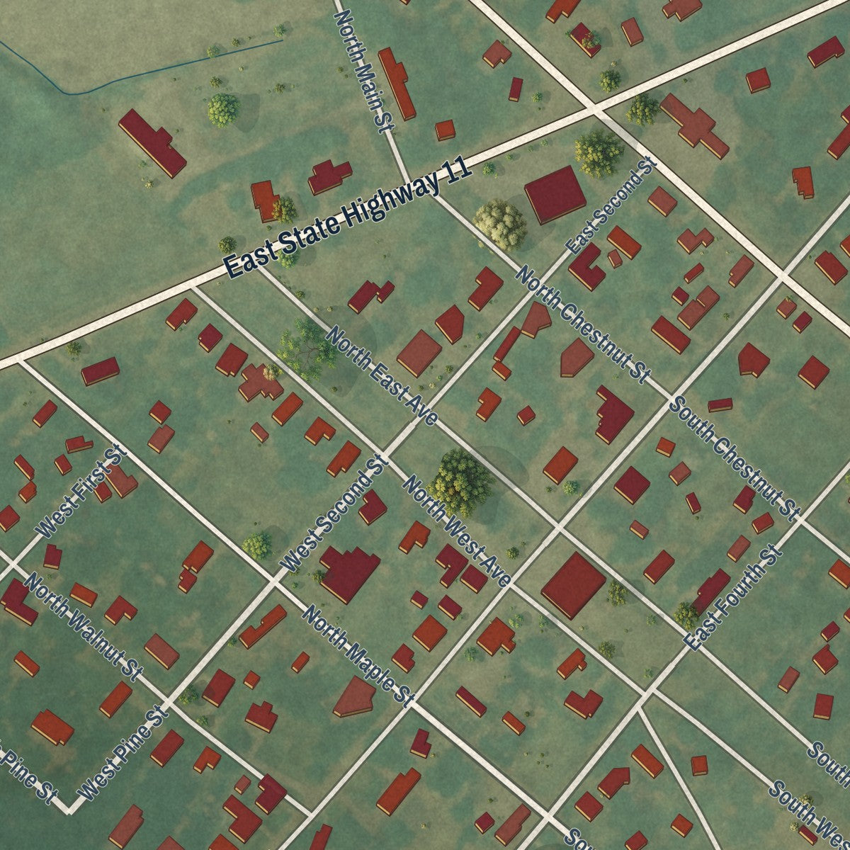 Close-up of the map of Oak City, North Carolina print showing street and building detail