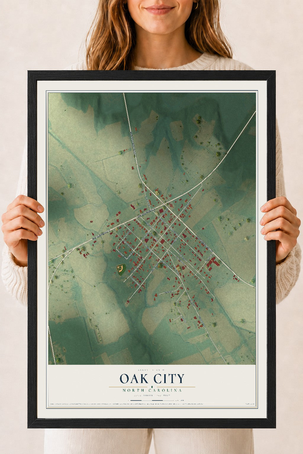 Map of Oak City, North Carolina, 18 x 24 inch print in a black wood frame