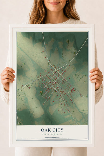 Map of Oak City, North Carolina, 18 x 24 inch print in a white wood frame
