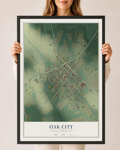 Map of Oak City, North Carolina, 24 x 36 inch print in a black wood frame