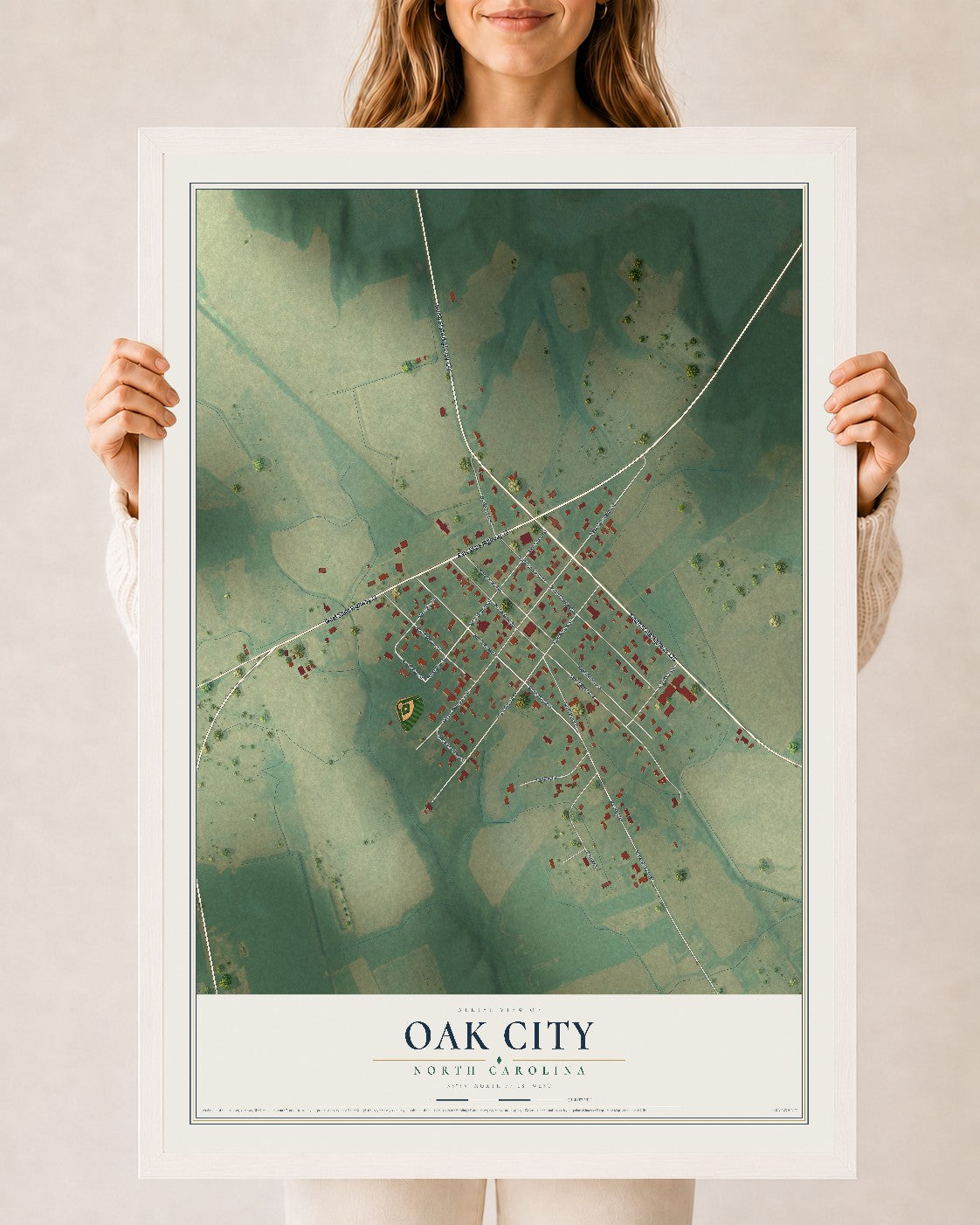 Map of Oak City, North Carolina, 24 x 36 inch print in a white wood frame