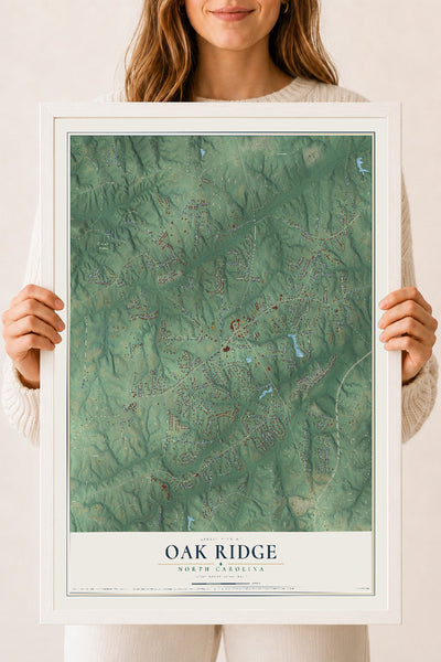 Map of Oak Ridge, North Carolina, 18 x 24 inch print in a white wood frame