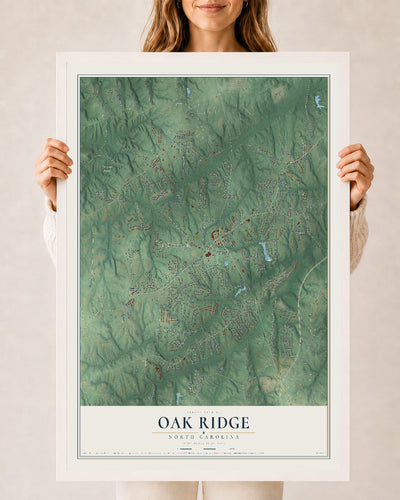 Map of Oak Ridge, North Carolina, 24 x 36 inch print in a white wood frame