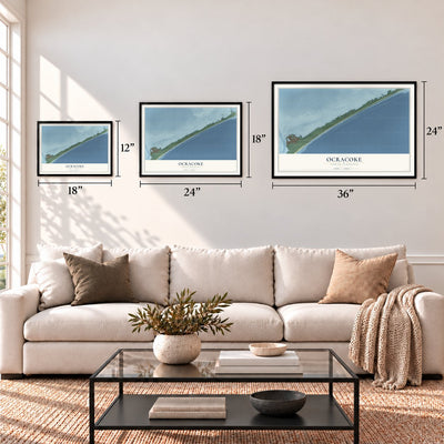 Ocracoke, North Carolina map in 12 x 18, 18 x 24 and 24 x 36 inch sizes above a sofa