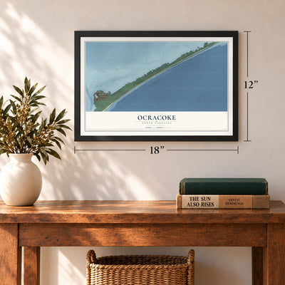 Ocracoke, North Carolina map, 12 x 18 inch print in a black frame in an entryway