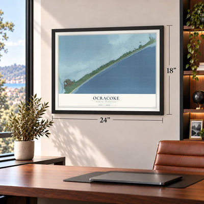 Ocracoke, North Carolina map, 18 x 24 inch print in a black frame in a home office