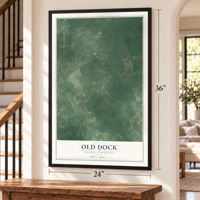 Old Dock, North Carolina map, 24 x 36 inch print in a black frame by a staircase