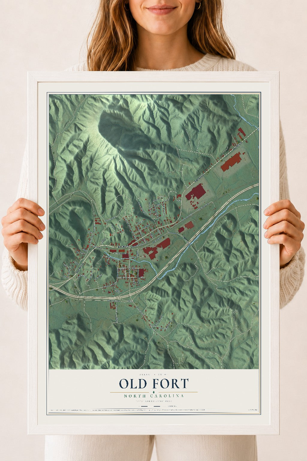 Map of Old Fort, North Carolina, 18 x 24 inch print in a white wood frame